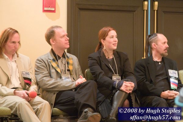 Opening Cermonies<br />l-r Kevin Dunn (Science GoH); Scott Westerfeld, Justine Larbalestier (Author co-GoH); Carl Lundgren (Artist GoH)