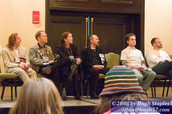 Opening Ceremonies<br />l-r Kevin Dunn (Science GoH); Scott Westerfield, Justine Larbalestier (Author co-GoH); Carl Lundgren (Artist GoH); Grant Baciocco (Throwing Toasters), (Music GoH); Brendan Durrett, Con Chair