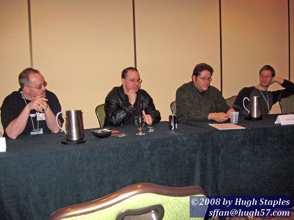 Science Fiction Gaming<br />l-r The Ferrett, John Scalzi, Tobias Buckell, Karl Schroeder