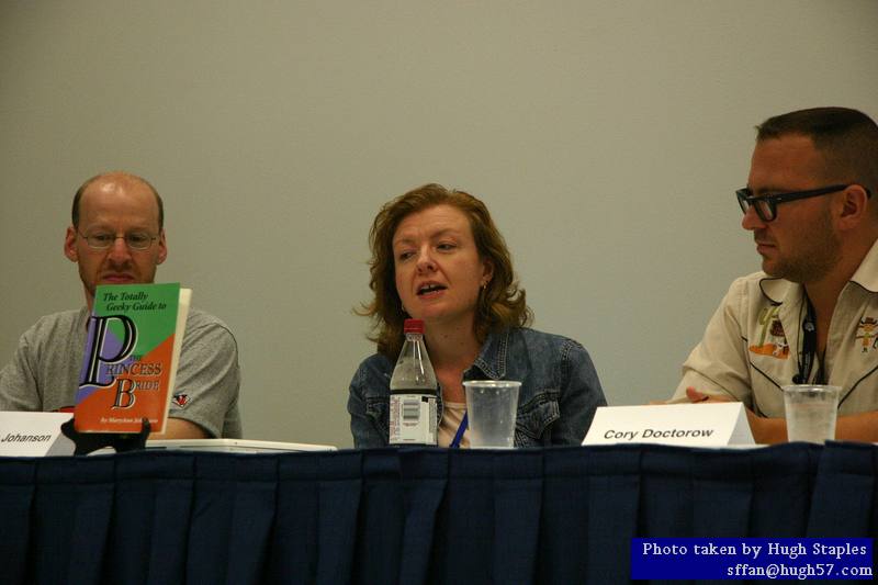 Cory Doctorow, Patrick and Teresa Nielsen Hayden, Kevin Drum, Mary Johansen and Phil Plait<br />at Panel "Bloggers As Public Intellectuals"