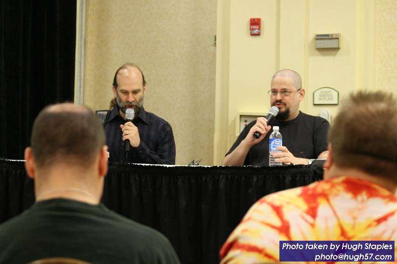 Author GOH Charles Stross and Tech GOH Bruce Schneier<br />give panel on "The Future of Spyware"
