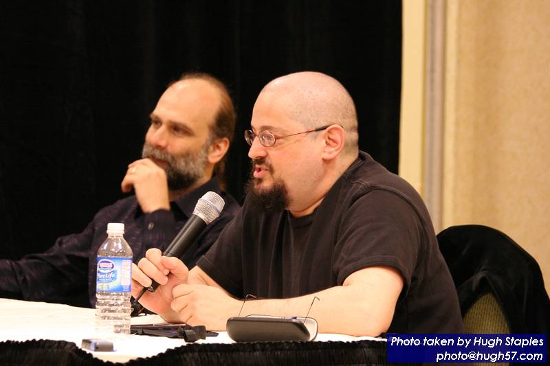 Author GOH Charles Stross and Tech GOH Bruce Schneier<br />give panel on "The Future of Spyware"