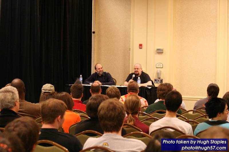 Author GOH Charles Stross and Tech GOH Bruce Schneier<br />give panel on "The Future of Spyware"
