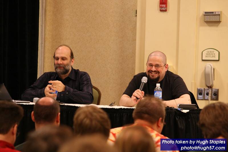 Author GOH Charles Stross and Tech GOH Bruce Schneier<br />give panel on "The Future of Spyware"