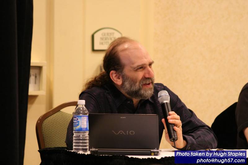 Author GOH Charles Stross and Tech GOH Bruce Schneier<br />give panel on "The Future of Spyware"