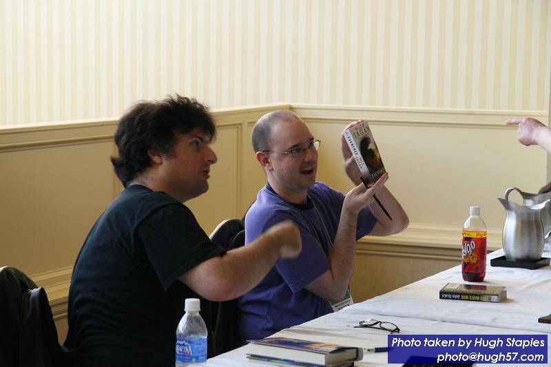 John Scalzi and Nick Sagan sign their books