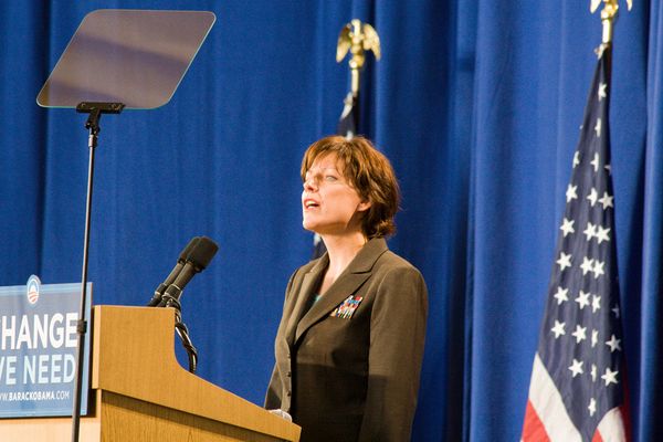 Connie Pillich, Candidate for Ohio House, 28th District, leads the Pledge of Allegiance.