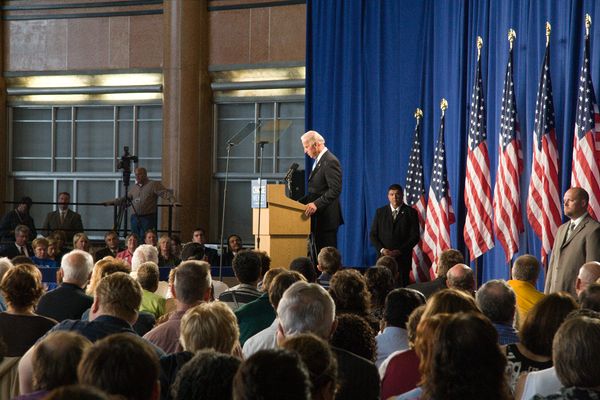 Sen. Joseph Biden (D-Del), Democratic Candidate for Vice President,\nspeaks on the subject of foriegn policy at the Rotunda of Union Terminal