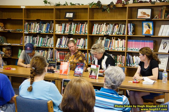 An appreciative crowd gathers at the Brimley Area Schools Library for the UP Book Tour 2012, to see Steve Hamilton, Eileen Pollack and B. David Warner