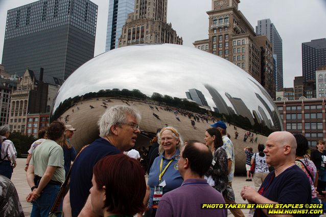 Strolling with the Stars, including Joe and Gay Haldeman, Story Musgrave, and John Scalzi. Here, The Bean, a sculpture in Millenium Park